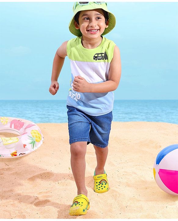 Babyhug Cotton Sleeveless Cut & Sew T-Shirt Surf Sand Sea Printed - Blue & White
