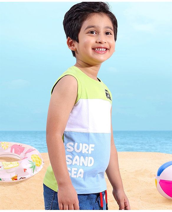 Babyhug Cotton Sleeveless Cut & Sew T-Shirt Surf Sand Sea Printed - Blue & White