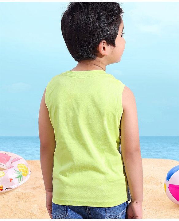Babyhug Cotton Sleeveless Cut & Sew T-Shirt Surf Sand Sea Printed - Blue & White