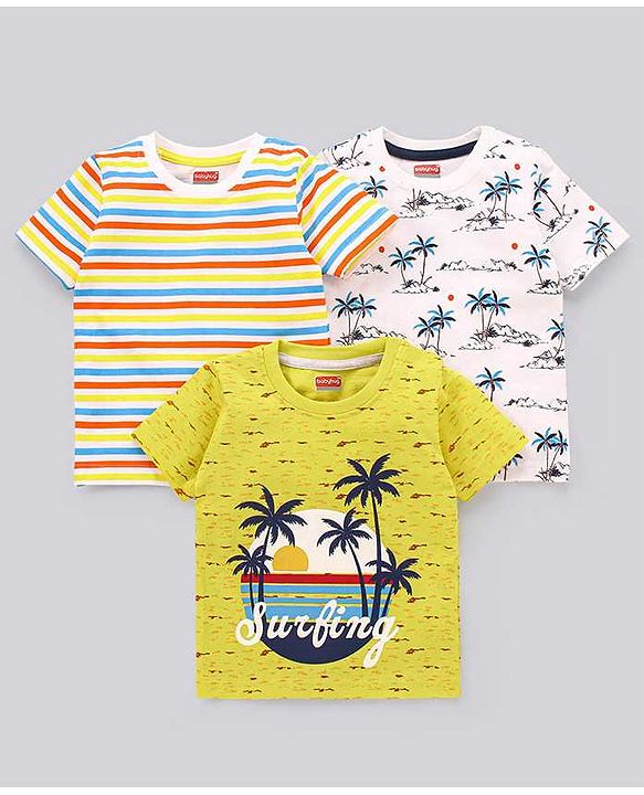 Babyhug Cotton Half Sleeves T-Shirt Stripes & Pine Tree Print Pack of 3 - Yellow & White