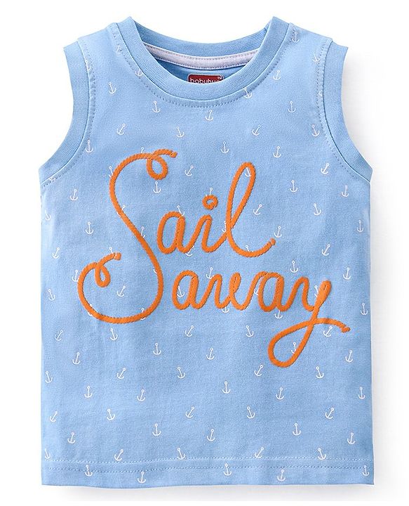 Babyhug Cotton Knit Sleeveless T-Shirt Sail Away Embroidery - Blue