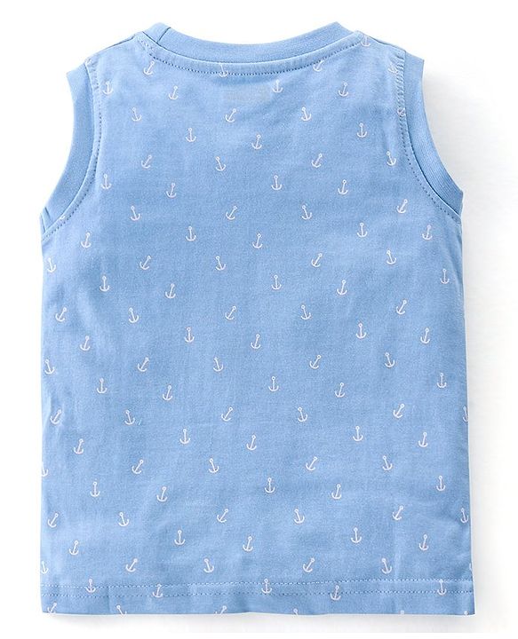 Babyhug Cotton Knit Sleeveless T-Shirt Sail Away Embroidery - Blue