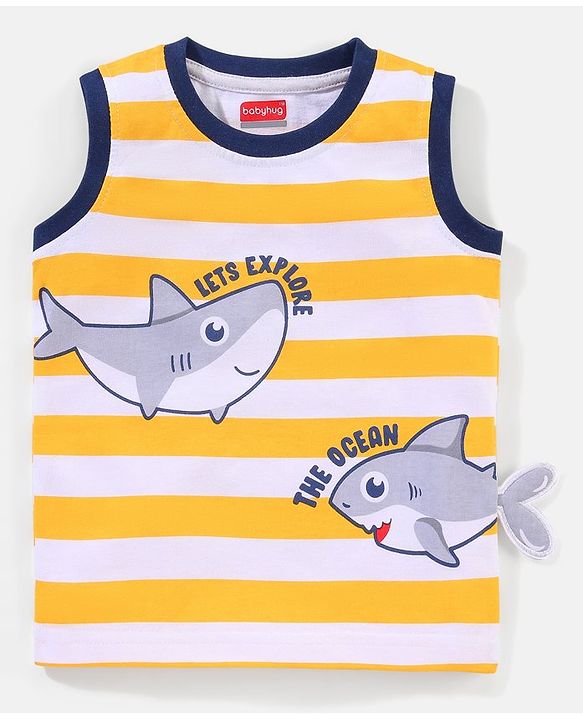 Babyhug Cotton Sleeveless T-Shirt Shark Print - Yellow