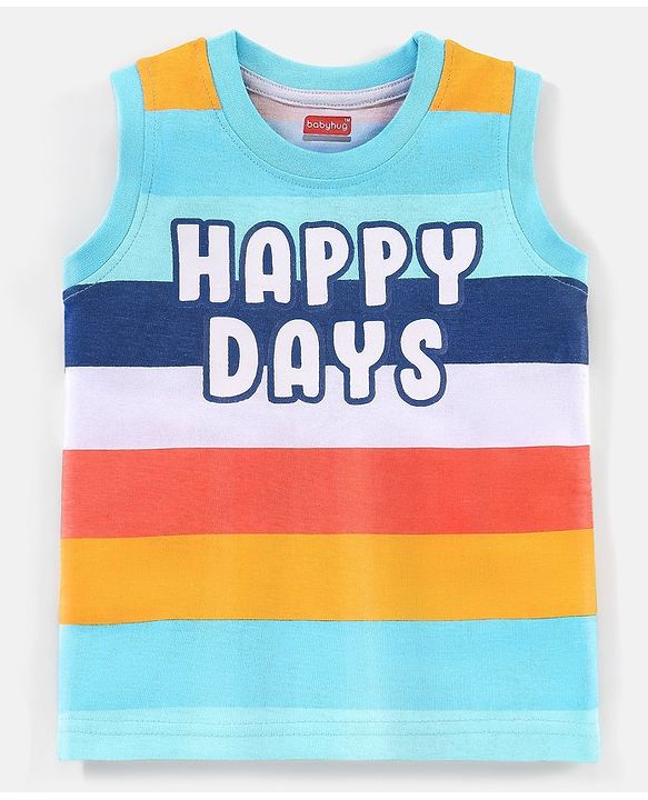Babyhug Cotton Sleeveless T-Shirt Happy Days Print - Blue