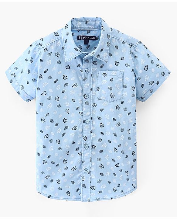 Pine Kids 100% Cotton Half Sleeves Shirt Leaf Print - Blue