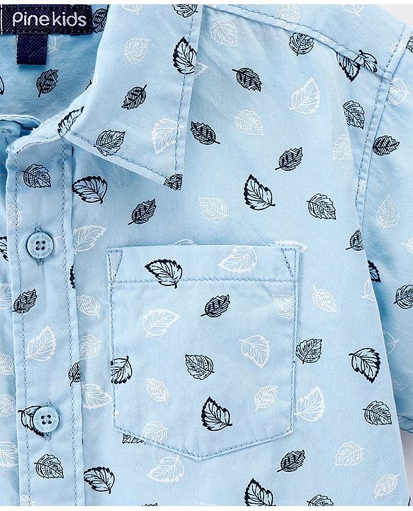Pine Kids 100% Cotton Half Sleeves Shirt Leaf Print - Blue