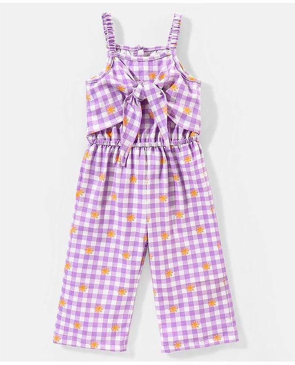 Babyhug 100% Cotton Sleeveless Jumpsuit Checks & Floral Print - Purple