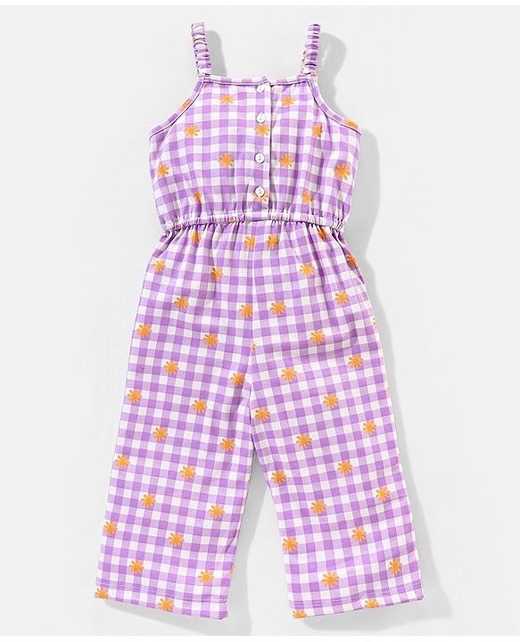 Babyhug 100% Cotton Sleeveless Jumpsuit Checks & Floral Print - Purple