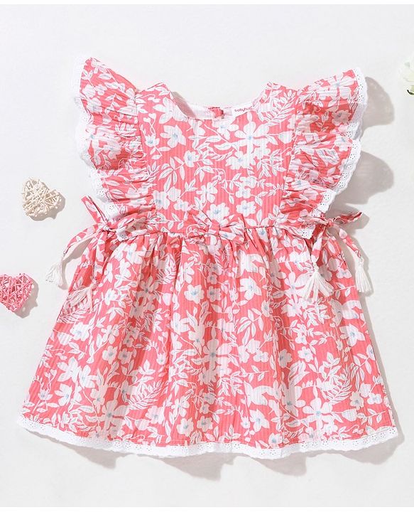 Babyhug Rayon Lurex Short Sleeves Frock Floral Print With Lace Detailings  - Pink