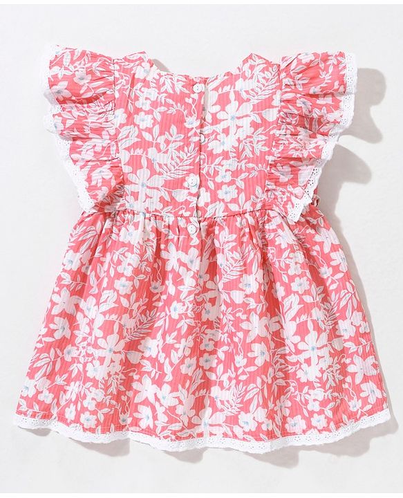 Babyhug Rayon Lurex Short Sleeves Frock Floral Print With Lace Detailings  - Pink