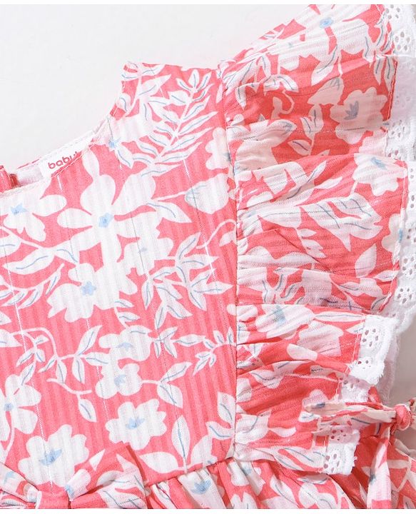 Babyhug Rayon Lurex Short Sleeves Frock Floral Print With Lace Detailings  - Pink