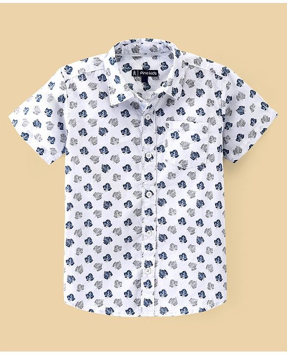 Pine Kids Cotton Half Sleeves Shirt Leaf Print - White