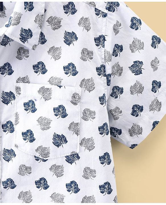 Pine Kids Cotton Half Sleeves Shirt Leaf Print - White