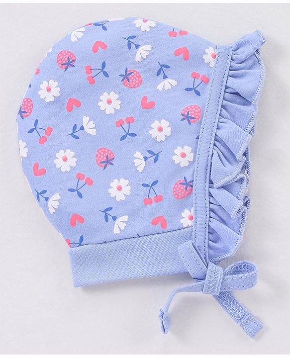 Babyhug Cotton Caps Floral Print Pack of 2 - Blue & Pink