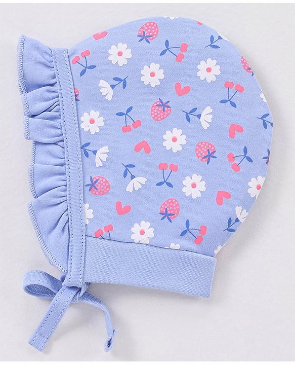 Babyhug Cotton Caps Floral Print Pack of 2 - Blue & Pink
