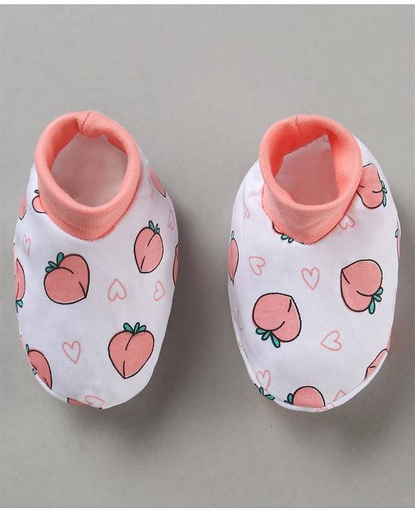 Babyhug 100% Cotton Cap Mitten Booties Set Peach Print - Peach