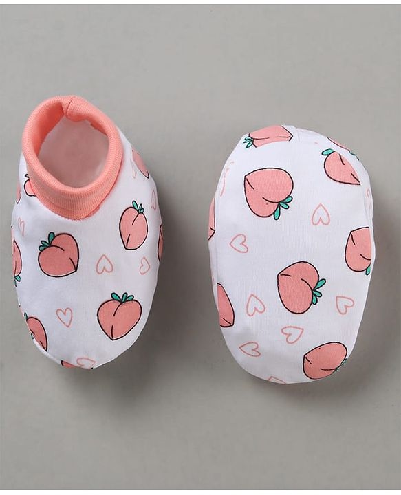 Babyhug 100% Cotton Cap Mitten Booties Set Peach Print - Peach