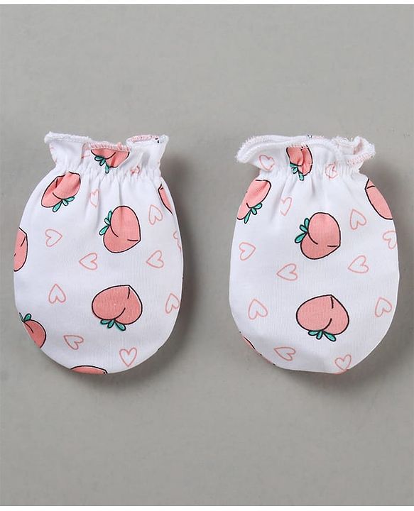 Babyhug 100% Cotton Cap Mitten Booties Set Peach Print - Peach