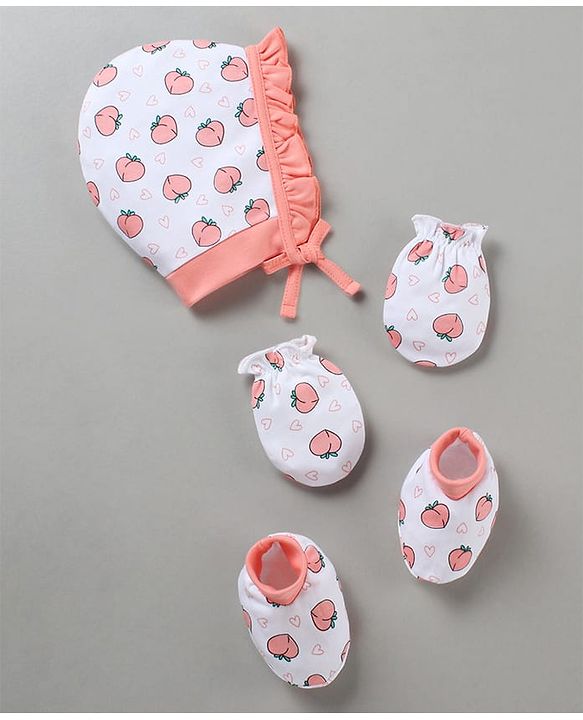 Babyhug 100% Cotton Cap Mitten Booties Set Peach Print - Peach