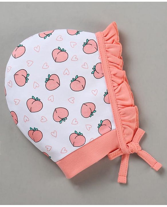 Babyhug 100% Cotton Cap Mitten Booties Set Peach Print - Peach