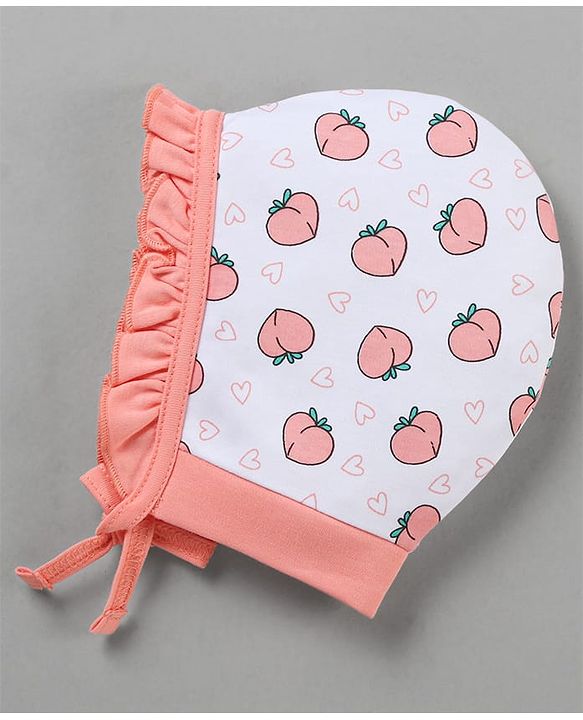 Babyhug 100% Cotton Cap Mitten Booties Set Peach Print - Peach
