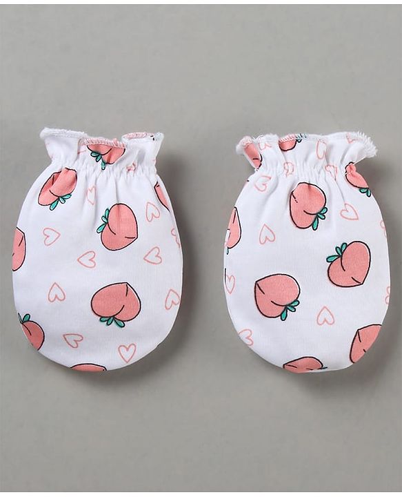 Babyhug 100% Cotton Cap Mitten Booties Set Peach Print - Peach