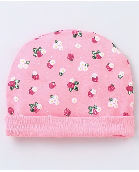 Babyhug 100% Cotton Cap Mittens & Booties Strawberry Printed - Diameter 11 cm