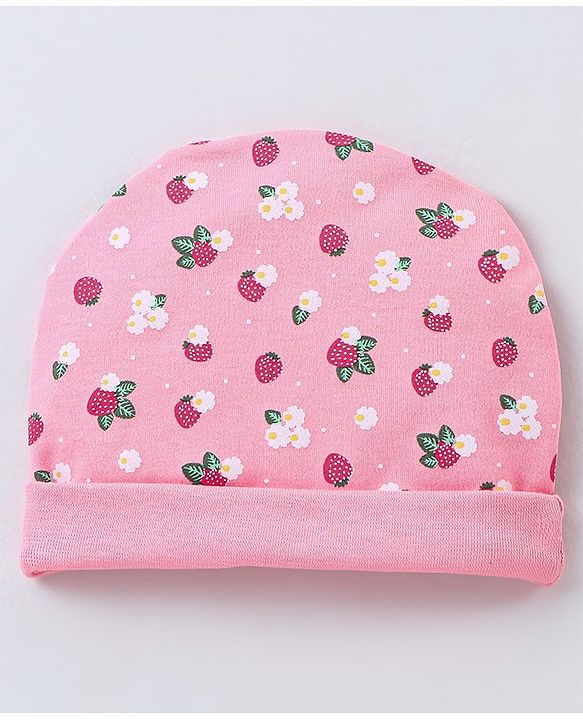 Babyhug 100% Cotton Cap Mittens & Booties Strawberry Printed - Diameter 11 cm