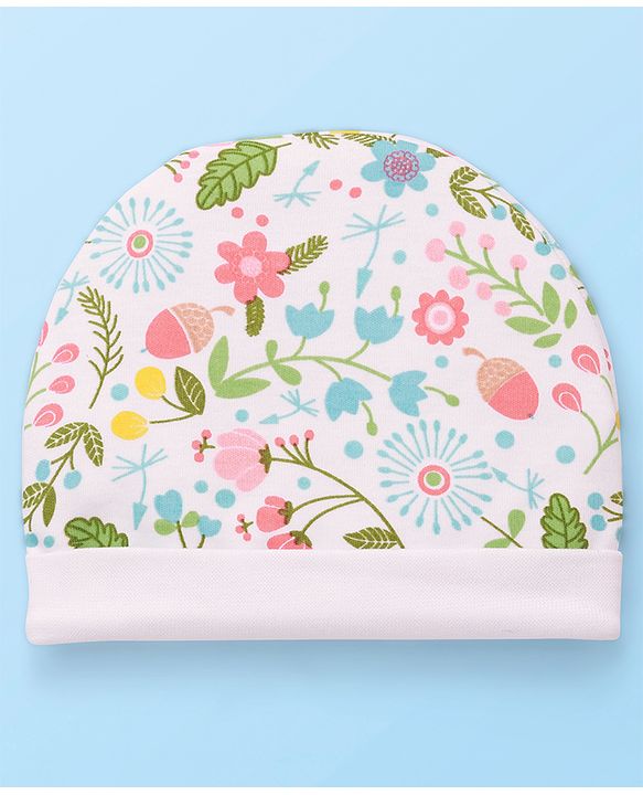 Babyhug 100% Cotton Cap Mitten & Booties Floral Print White- Diameter 9.5 cm