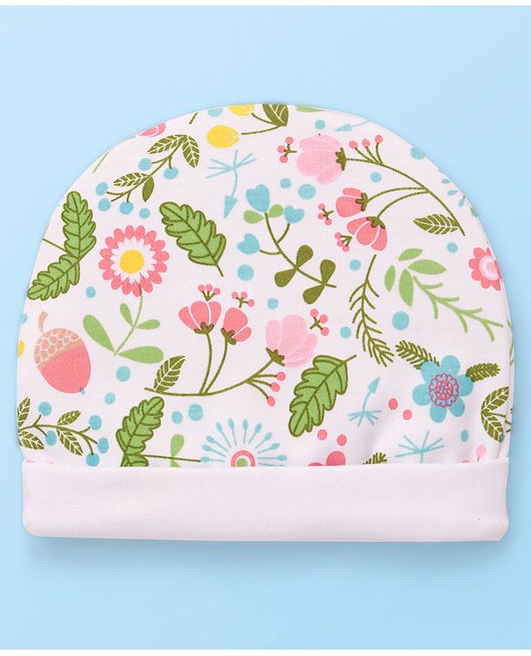 Babyhug 100% Cotton Cap Mitten & Booties Floral Print White- Diameter 9.5 cm