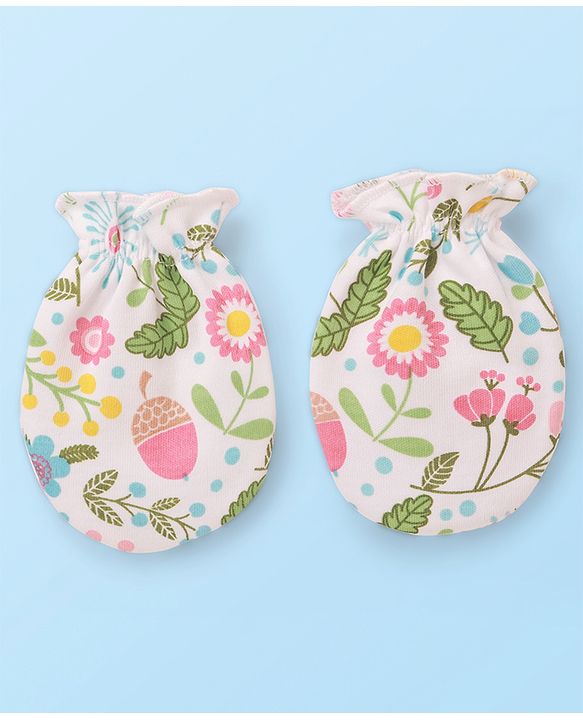 Babyhug 100% Cotton Cap Mitten & Booties Floral Print White- Diameter 9.5 cm