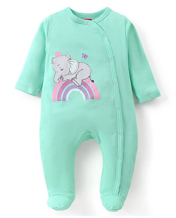 Babyhug Cotton Knit  Full Sleeves Elephant & Polka Dots Printed Footed Sleepsuits Pack of 2 - Green & Pink