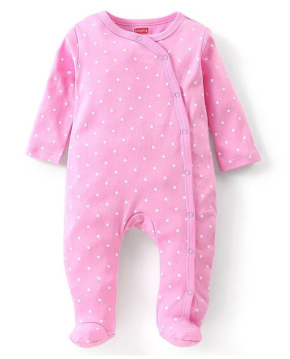 Babyhug Cotton Knit  Full Sleeves Elephant & Polka Dots Printed Footed Sleepsuits Pack of 2 - Green & Pink
