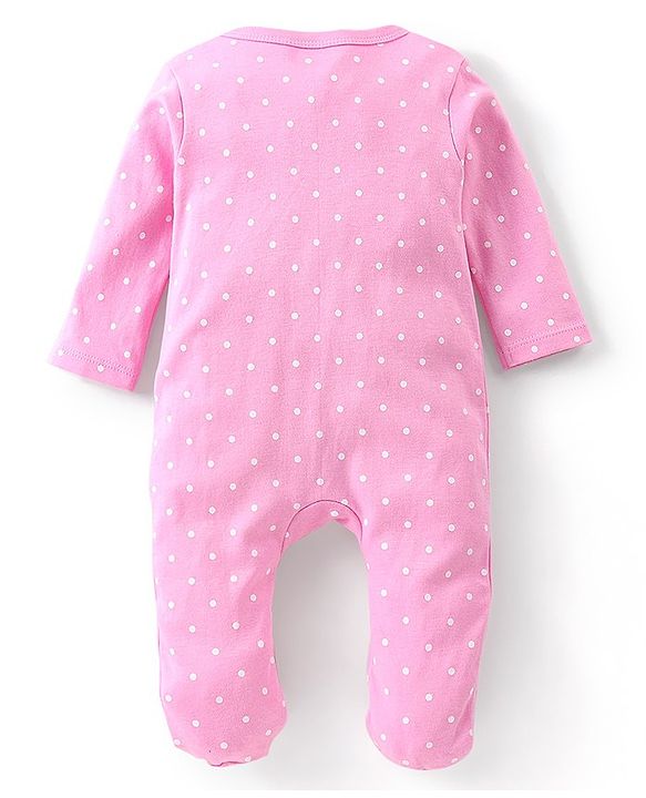 Babyhug Cotton Knit  Full Sleeves Elephant & Polka Dots Printed Footed Sleepsuits Pack of 2 - Green & Pink