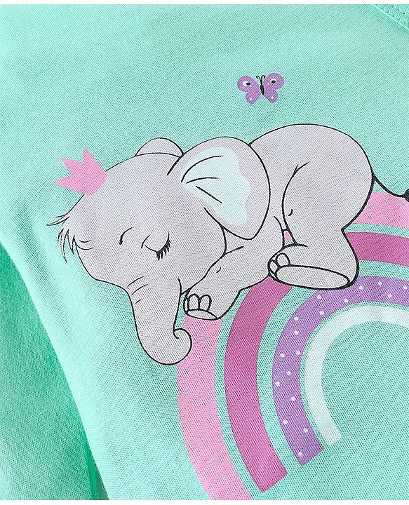 Babyhug Cotton Knit  Full Sleeves Elephant & Polka Dots Printed Footed Sleepsuits Pack of 2 - Green & Pink