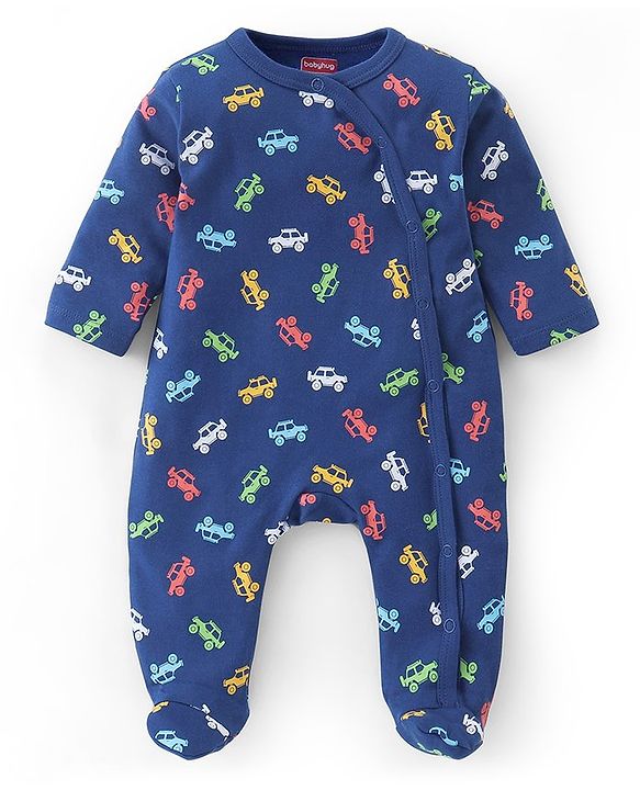 Babyhug Cotton Full Sleeves Footed Sleepsuit Car Print - Navy Blue