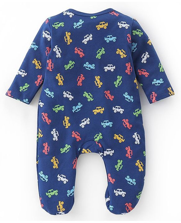 Babyhug Cotton Full Sleeves Footed Sleepsuit Car Print - Navy Blue