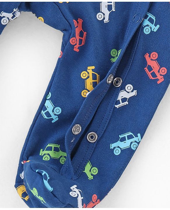 Babyhug Cotton Full Sleeves Footed Sleepsuit Car Print - Navy Blue
