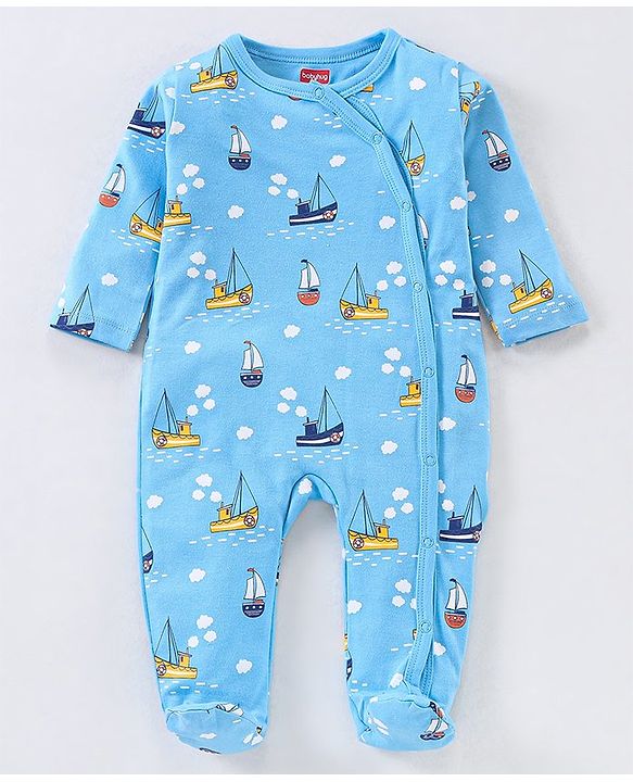 Babyhug Cotton Full Sleeves Sleep Suit Boat Print - Blue