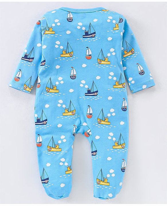 Babyhug Cotton Full Sleeves Sleep Suit Boat Print - Blue