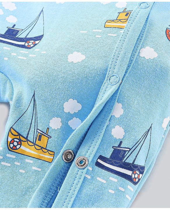 Babyhug Cotton Full Sleeves Sleep Suit Boat Print - Blue