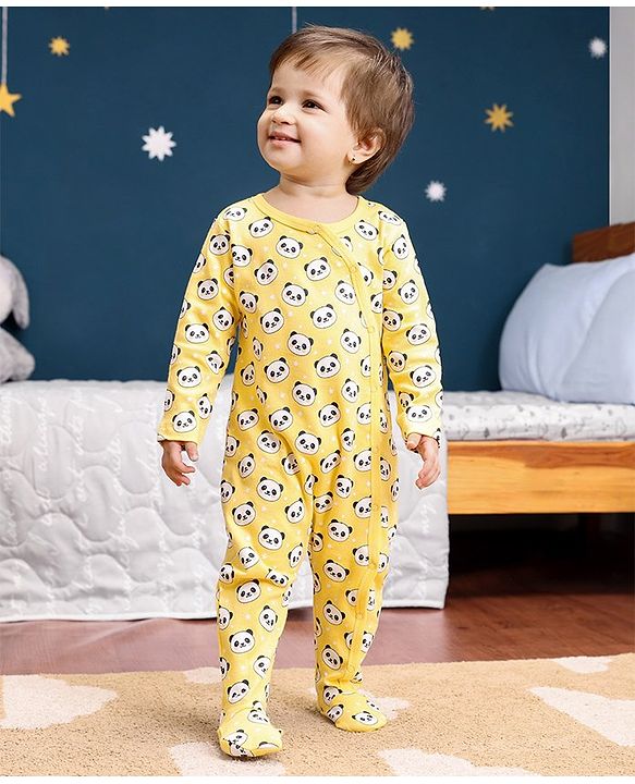 Babyhug Cotton Full Sleeves Sleep Suit Panda Print - Yellow
