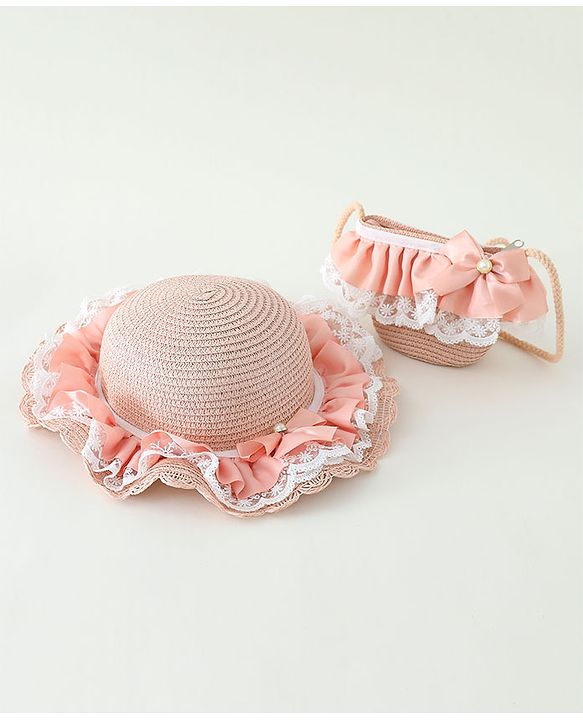 Babyhug Lace & Ribbon Bow Applique Straw Hats With Purse  Pink - Diameter 17.5 cm