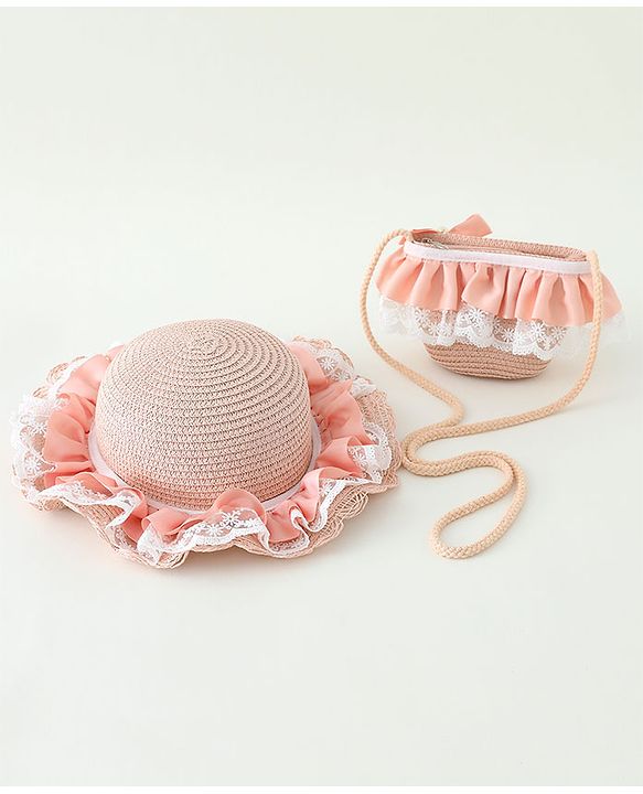 Babyhug Lace & Ribbon Bow Applique Straw Hats With Purse  Pink - Diameter 17.5 cm