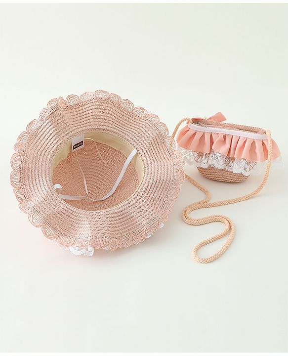 Babyhug Lace & Ribbon Bow Applique Straw Hats With Purse  Pink - Diameter 17.5 cm
