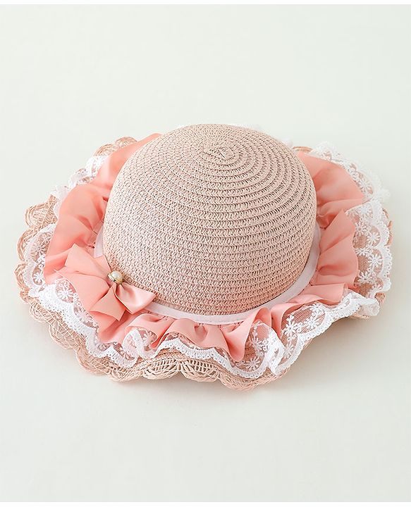 Babyhug Lace & Ribbon Bow Applique Straw Hats With Purse  Pink - Diameter 17.5 cm