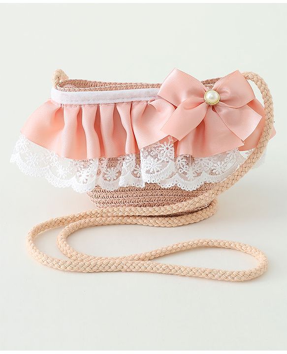 Babyhug Lace & Ribbon Bow Applique Straw Hats With Purse  Pink - Diameter 17.5 cm
