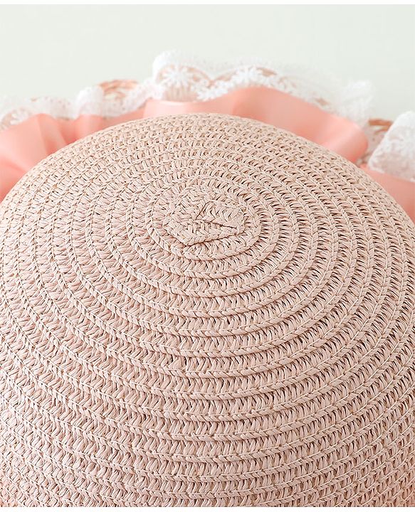 Babyhug Lace & Ribbon Bow Applique Straw Hats With Purse  Pink - Diameter 17.5 cm