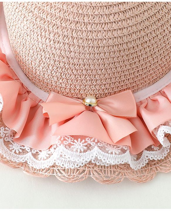 Babyhug Lace & Ribbon Bow Applique Straw Hats With Purse  Pink - Diameter 17.5 cm