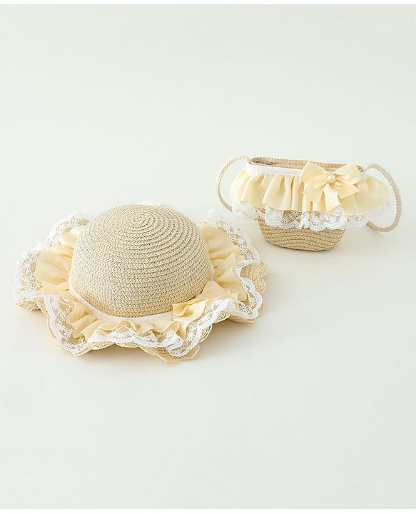 Babyhug Lace & Ribbon Bow Applique Straw Hats With Purse  Beige - Diameter 17.5 cm